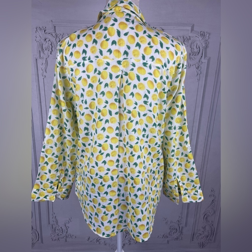 Casual V-Neck Cuffed Long Sleeves Cotton Blouse A-Line Lemon Print - Picture 4 of 11